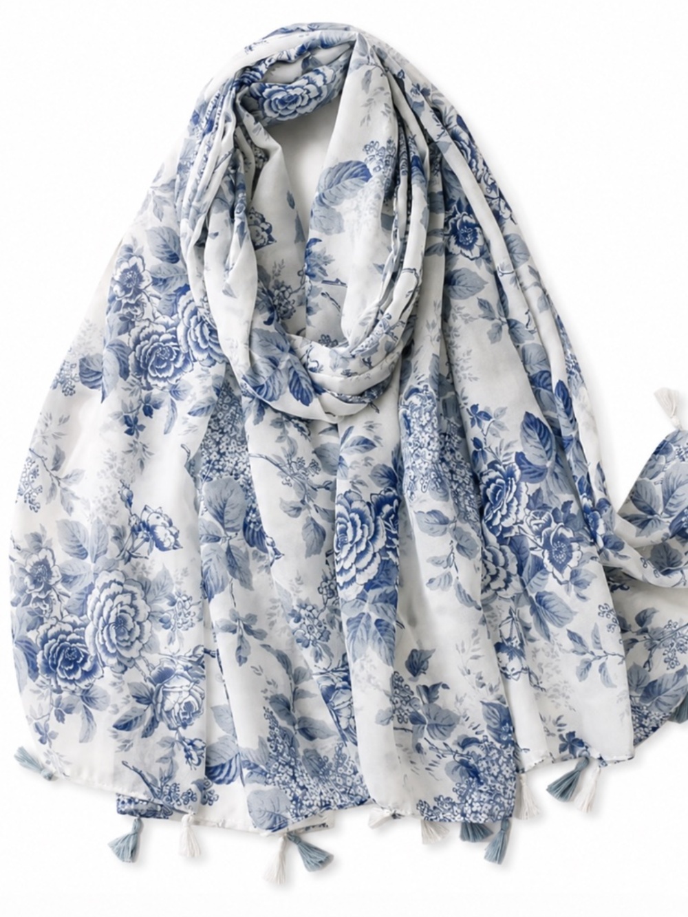Blue & White Floral Tassel Scarf Wrap 32 x 71 Lightweight Spring Summer Accessor